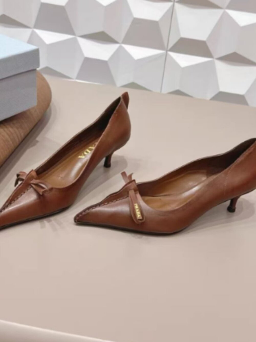 Prada Brown Leather Pointed Toe Kitten Heel Pumps, Size EU 38 (US 7.5)